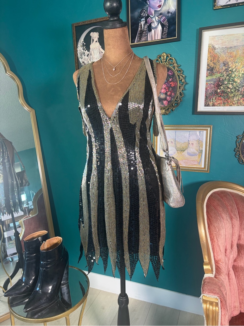 Nasty Gal Black & Gunmetal Beaded Sequin Indie Sleaze Dress Size US 4